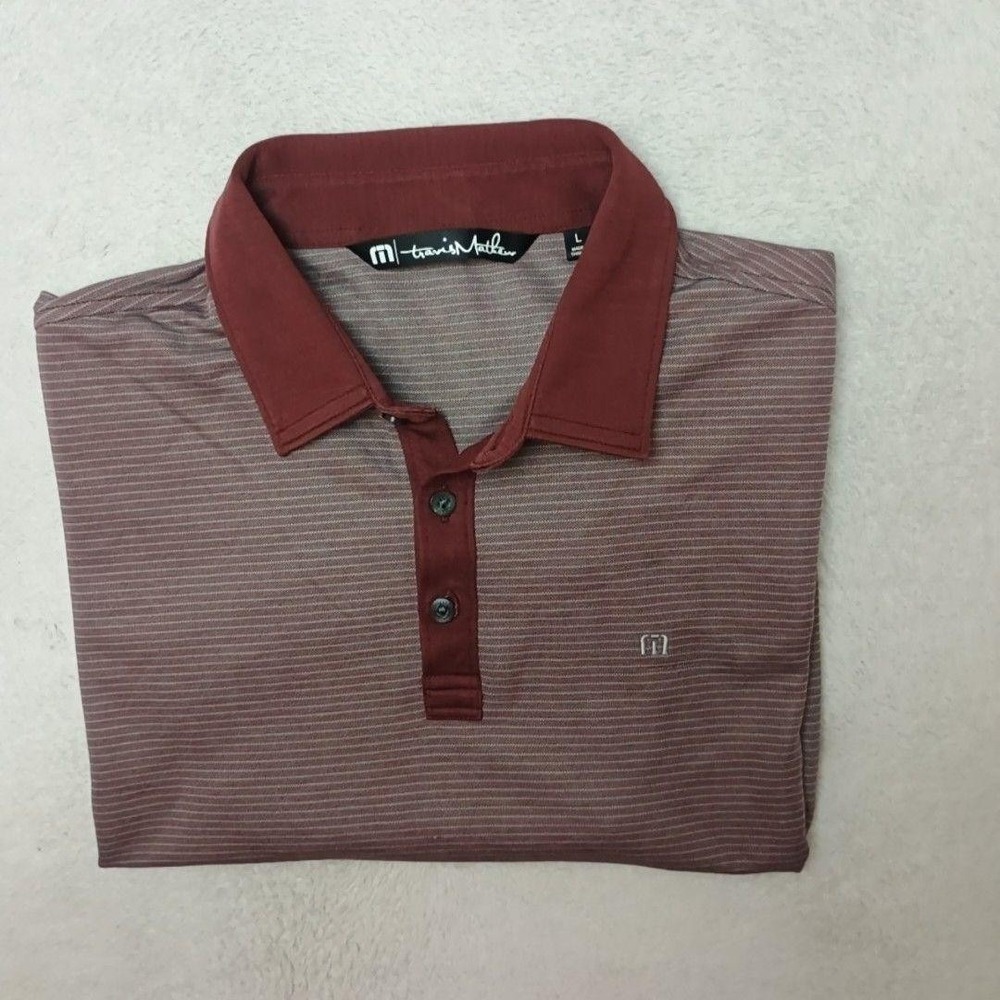 Travis Mathew Polo Shirt Mens L Red Striped Golf Performance Cotton Polyester